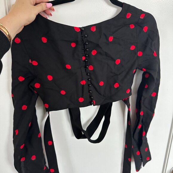 Proenza Schouler Long-sleeved Crop Top Sz 0 Back Bow Belt Black Red Polka Dot - Picture 9 of 10